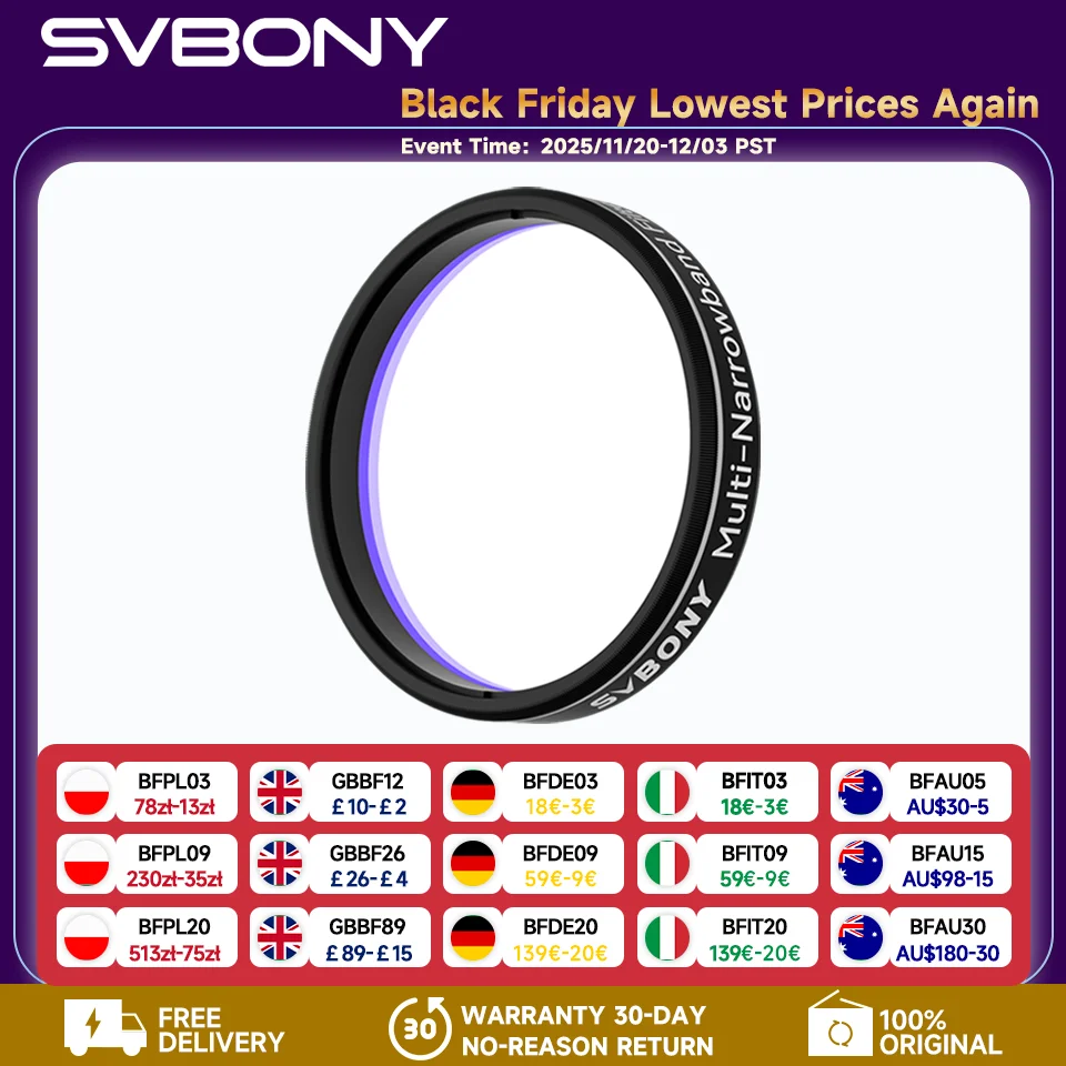 

SVBONY SV240 Многофункциональный узкополосный фильтр для галактик и туманностей NIR, ближний инфракрасный фильтр для светового загрязнения, 2 дюйма, установленный для фотосъемки дальнего космоса