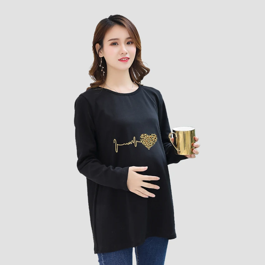 

Heartbeat Love Funny Cute Sweet Cartoon Print Customized Pregnant T-Shirt Maternity Pregnancy Tee Flattering Long Sleeve Shirt