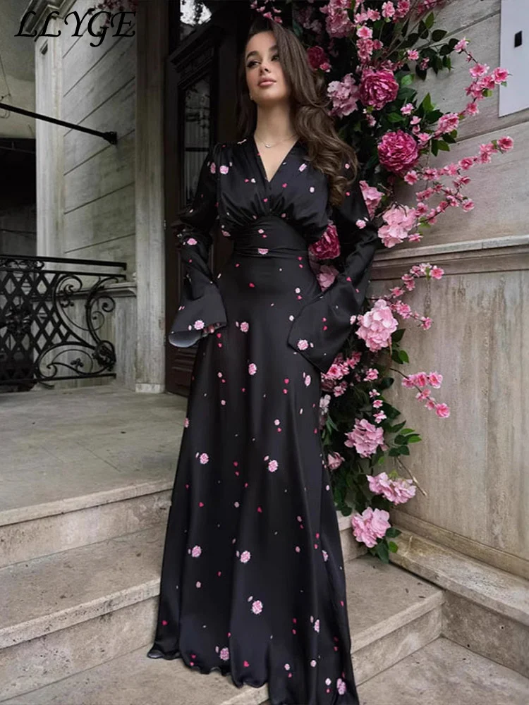 Elegant Printed Satin Long Dress Women Slim Lace Up V-neck Full Sleeve  Pleat Dresses 2025 Autumn Lady Party Evening Robes New - AliExpress  200000345