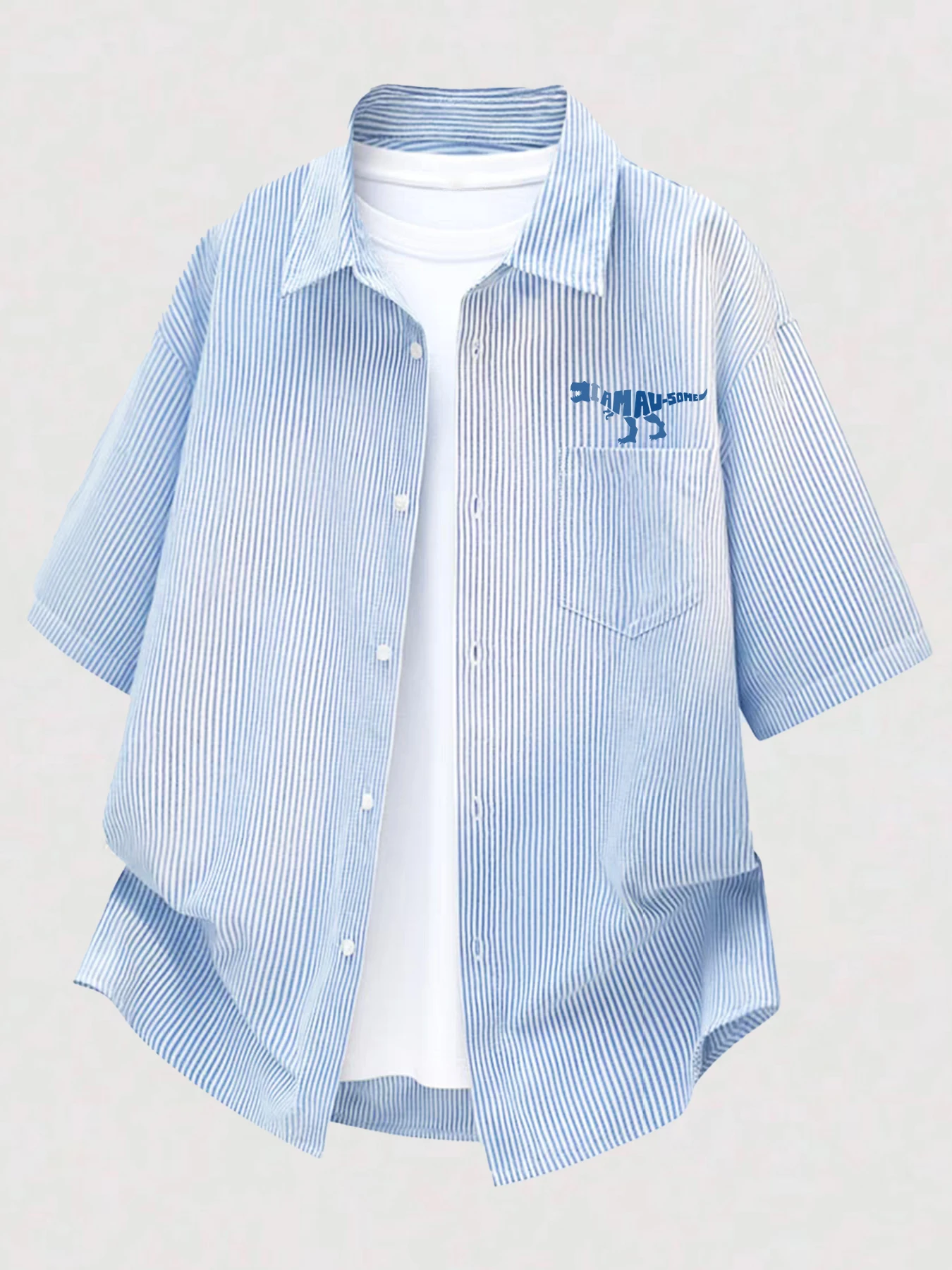 Summer Fashion Trend Men's Clothing Simple Fun cartoon Dinosaur Print Short Sleeve Thin Stripe Loose Casual Shirt