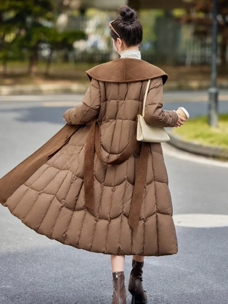 Women Patchwork Wool Long Fluffy Puffer Jacket Female 2025 New Winter Belt Top Clothing Thicken Warm White Duck Down Coat