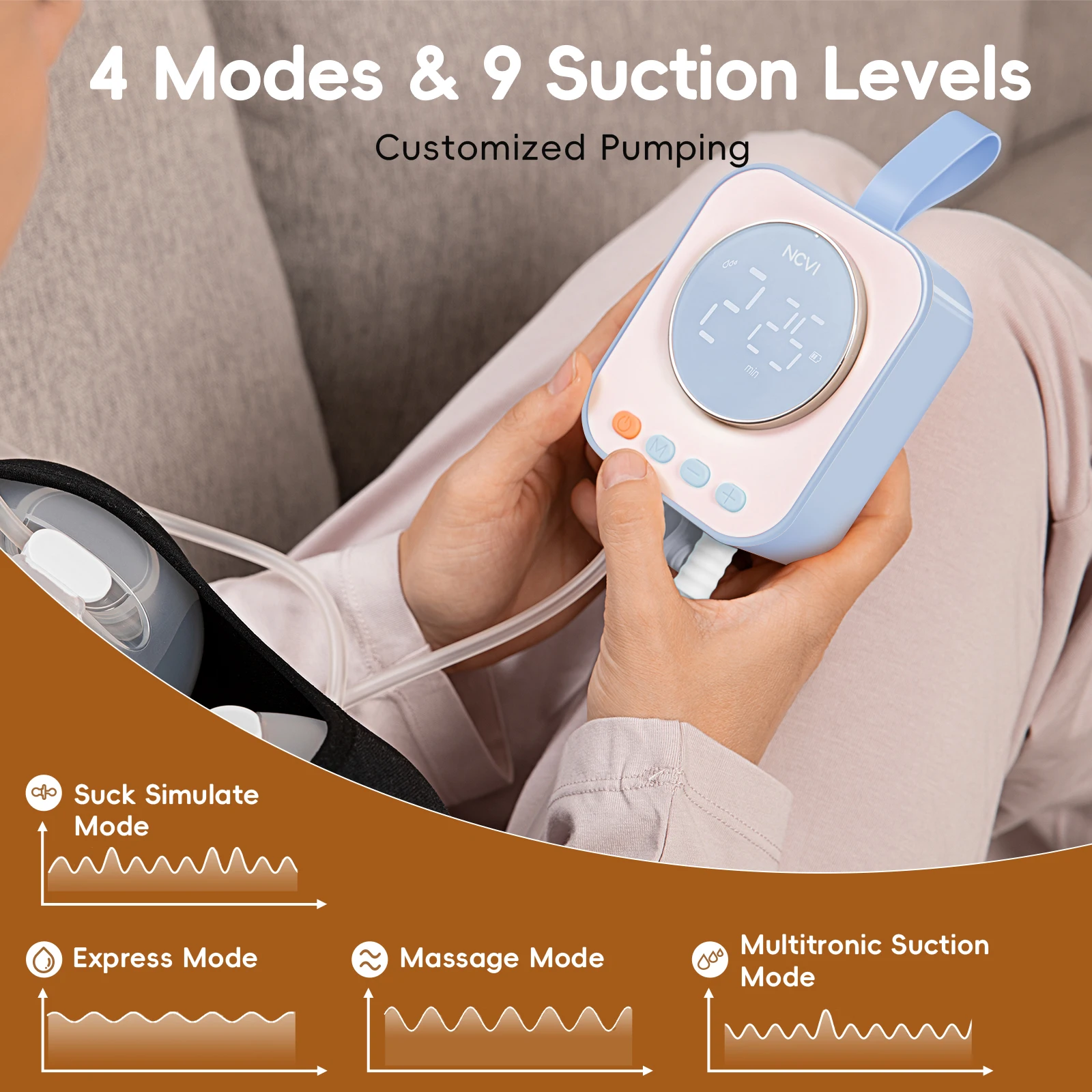 NCVI Hands Free Wearable Breast Pump, Combined with Strong Motor and Wearable Cups, 4 Modes 9 Levels, 21/24/28mm, Low Noise