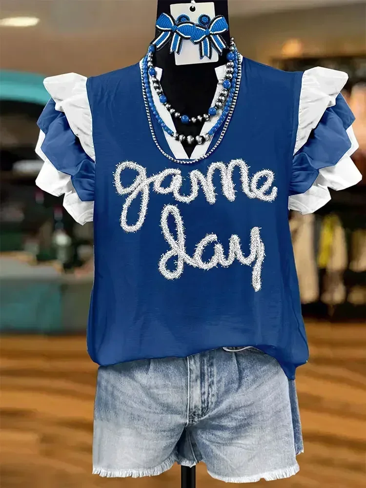 Casual Gameday Letter Stripe Print Top  Ruffled  Blouse