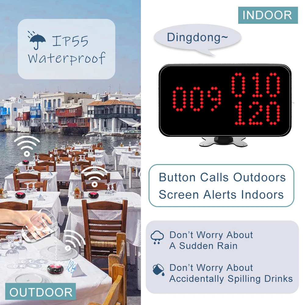 Ycall KOQI Restaurant Waiter Call System 3-Digit Number Display Host Receiver 10 Hookah Call Bell Button Voice Monitoring Pager