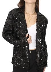 Chaqueta de lentejuelas de manga larga para mujer, Blazer de fiesta brillante con frente abierto