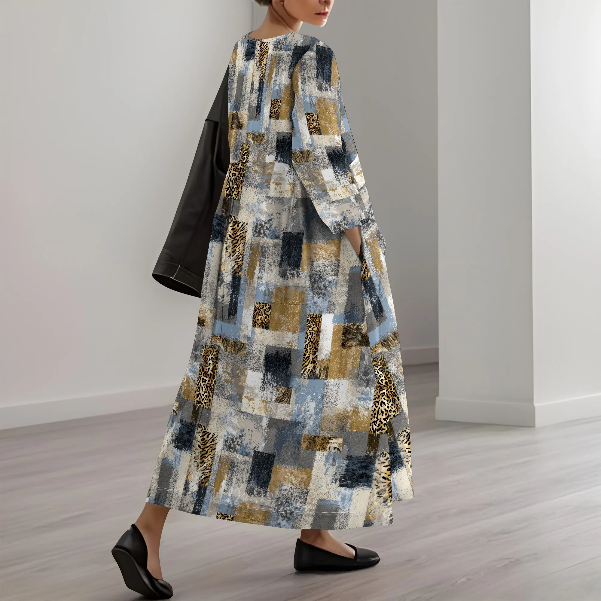 สตรีฤดูใบไม้ร่วงลําลอง 3/4 Sleeve Floral Prirted Maxi Dress Plus ขนาด V คอ Flowy Swing Tunic Shift ชุด 2 กระเป๋า