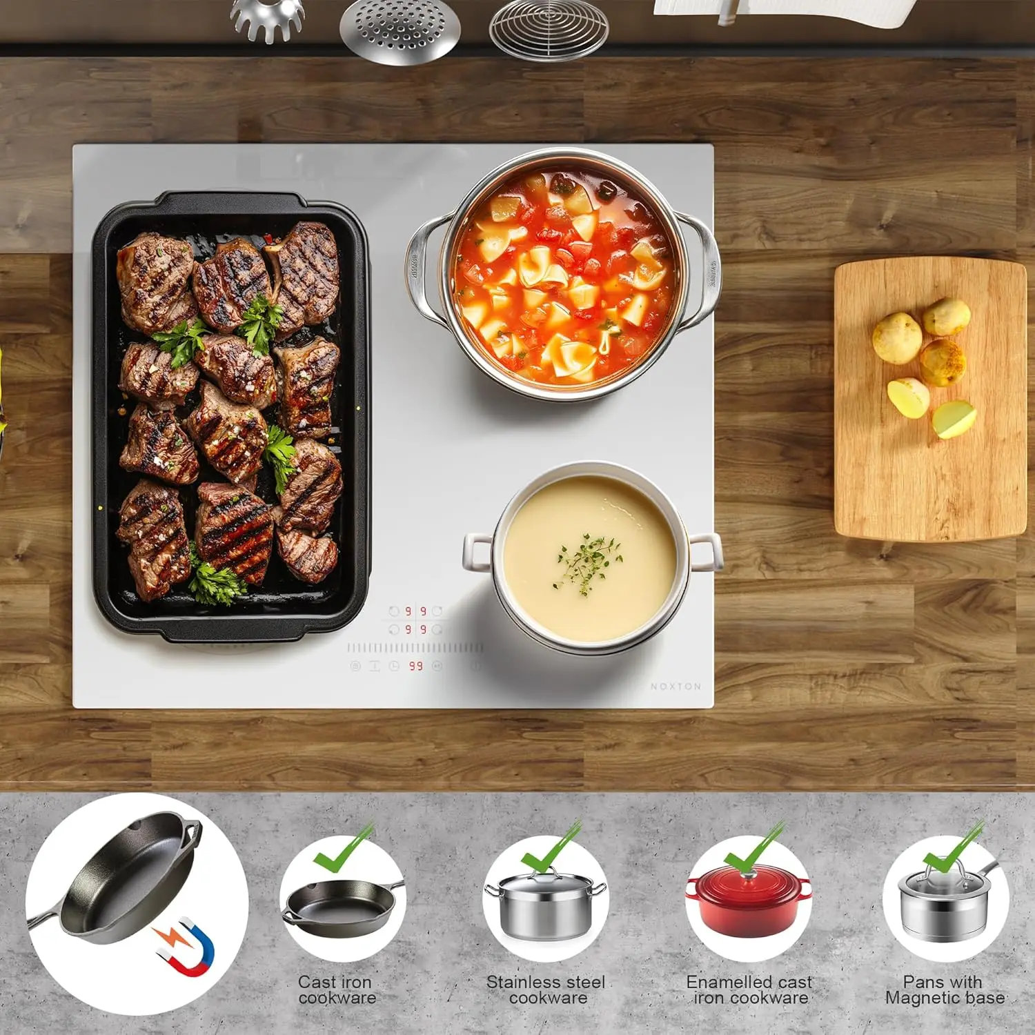 قابس موقد الحث الأبيض/الأسود من NOXTON، (المملكة المتحدة: 2200 وات/الاتحاد الأوروبي: 3500 وات) 4 مناطق مع منطقة شواء واحدة، لمسة 60 سم، قفل أمان، زجاج سيراميك #3