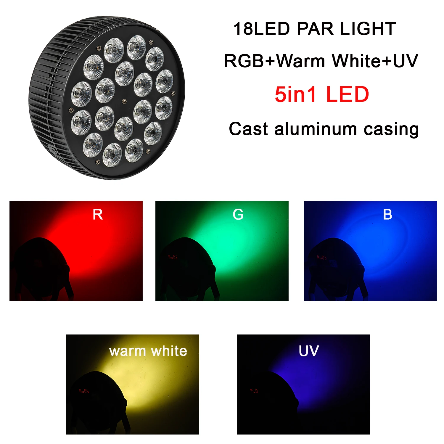 

18x15w RGB+Warm White+UV 5in1 LED Par Lights Aluminum Shell Stage Light DMX512 Sound Activation Strobe DJ Disco Party Lighting