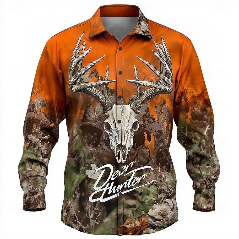 Retro Men's Reindeer Aztec Indian Culture Shirt  Long Sleeve Shirt Casual Men's Tops Ethnic Vintage 3D Print Collared Shirt