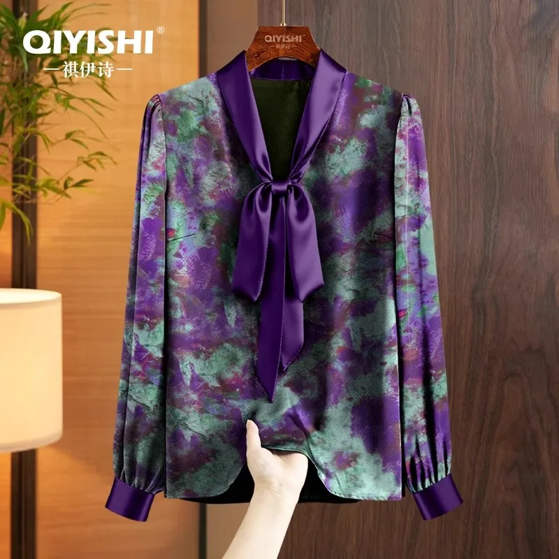 

Модный дизайн галстука, женская фиолетовая атласная блузка с длинным рукавом и v-образным вырезом, свободные повседневные топы с принтом тай-дай, пуловеры