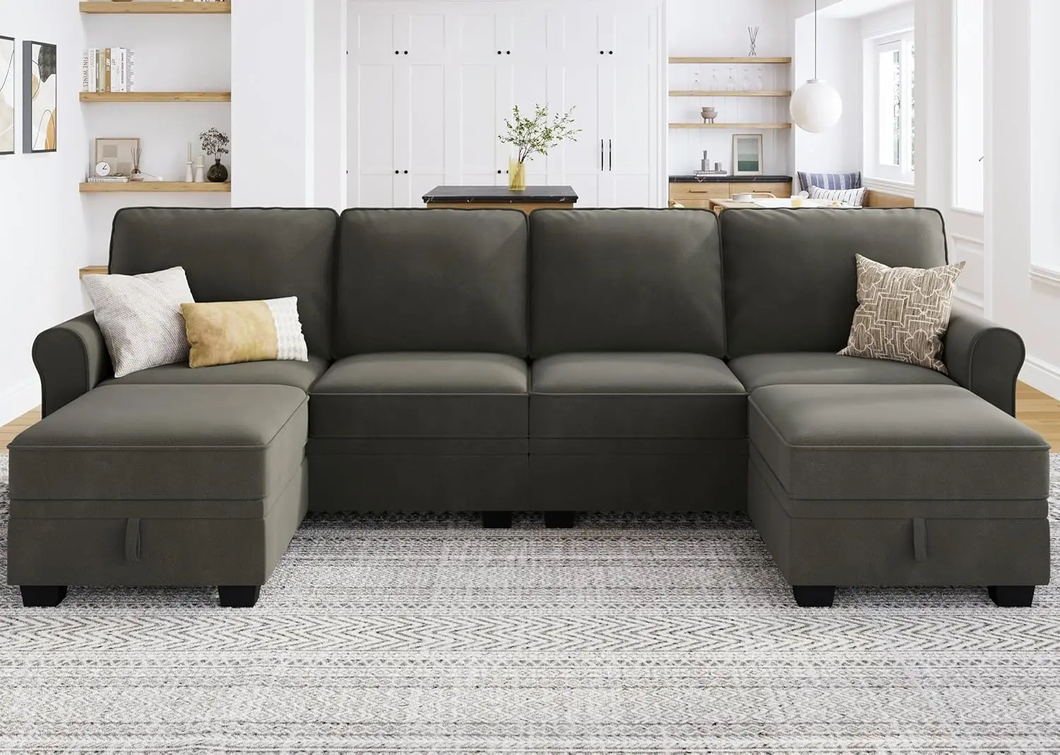 Convertible Sectional Sofa with Storage Seat Suede U Shaped Sectional Couch with Reversible Chaise Small Sectional Couches