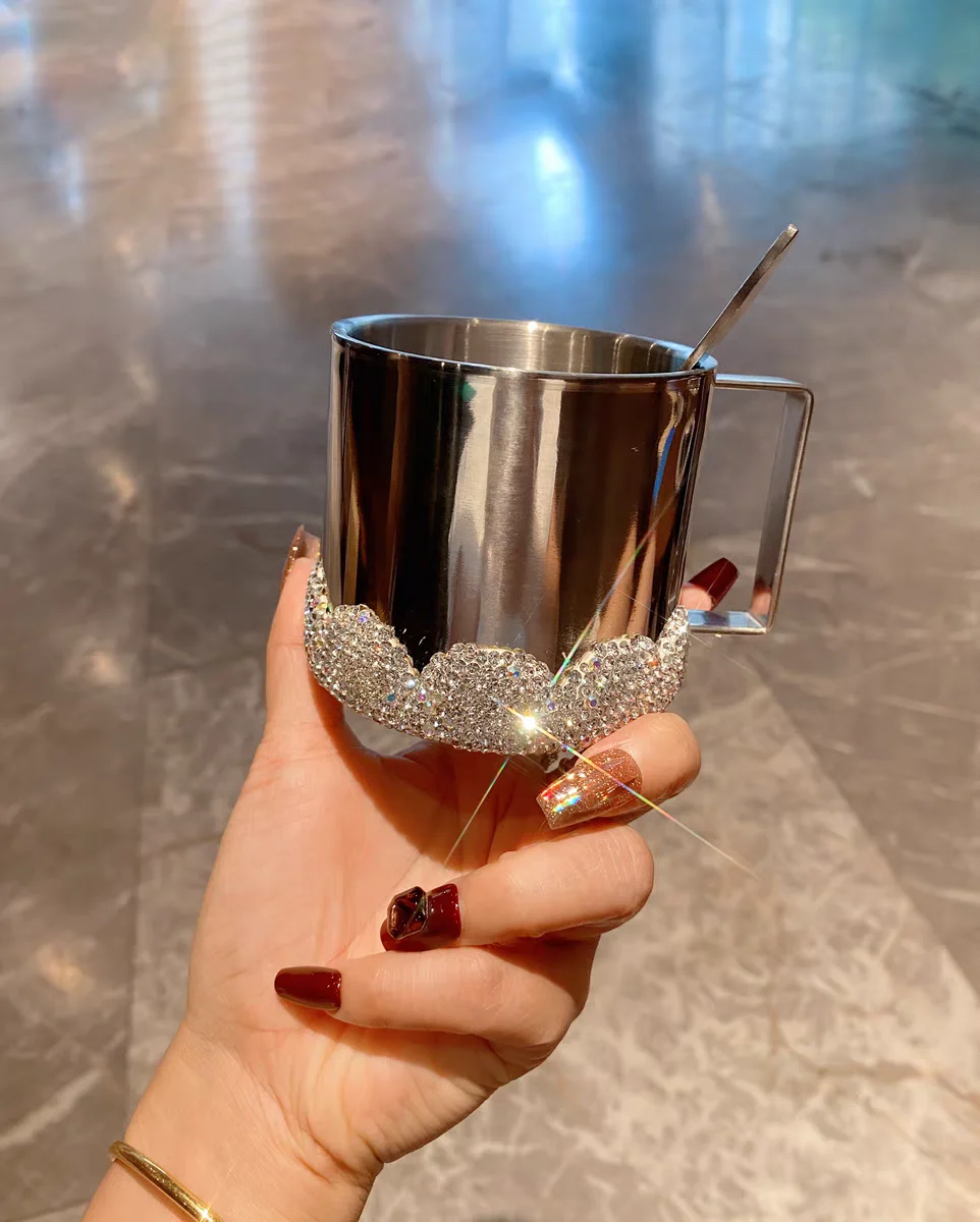High profile Level Coffee Cup and saucer set Artificial diamond-encrusted stainless steel insulated latte iced Americano cup