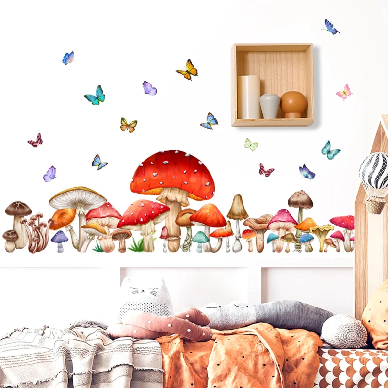 Plant Colored Mushroom Butterfly Wall Sticker Window Glass Sticker Bathroom Decor Self-adhesive Removable Waterproof Antifouling