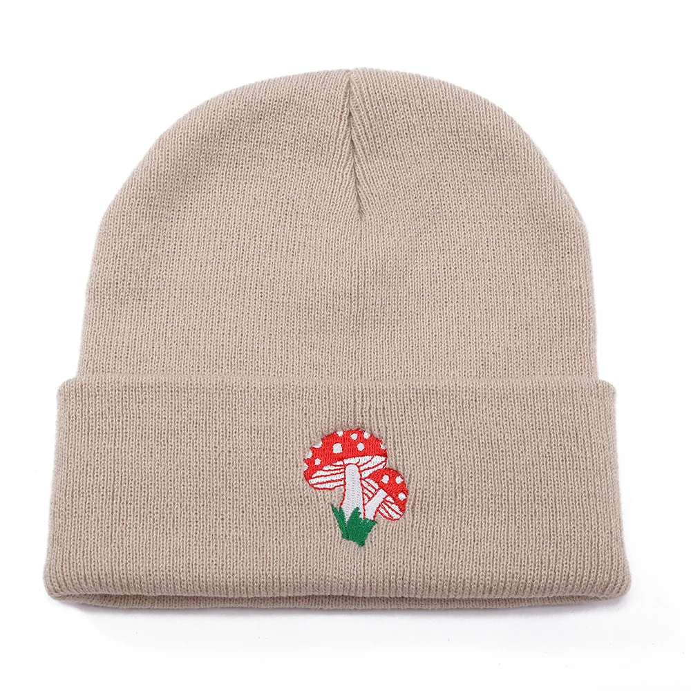 Ladies Knitted Cap Autumn Winter Hat Mushroom Embroidery Beanie for Women Cute Style