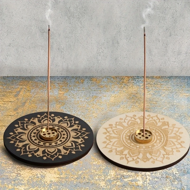 

1pc Wooden Incense Stick Holder With Round Tray, Mandala & Celestial Designs, Zen Aesthetic Incense Burner