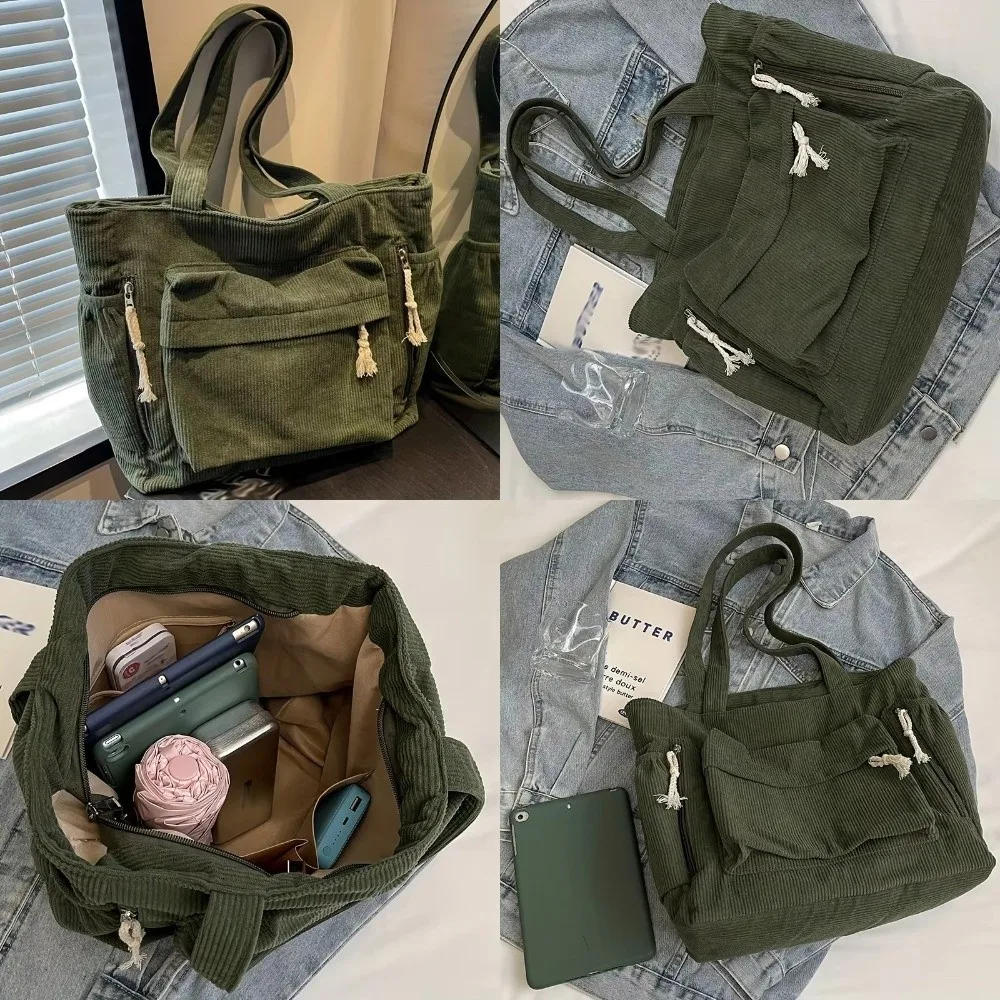 Cord-Umhängetasche mit großer Kapazität, lässige Tragetasche mit mehreren Fächern, vielseitige Pendeltasche für Frauen – Detail 4