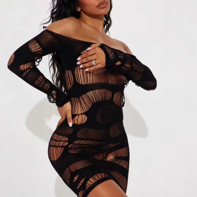 2025 Lente Zomer Off Schouder Gat Hol Sheer Skinny Sexy Lingerie Vrouwen Slash Hals Volledige Mouw Pittige Meisjes Club Jurk