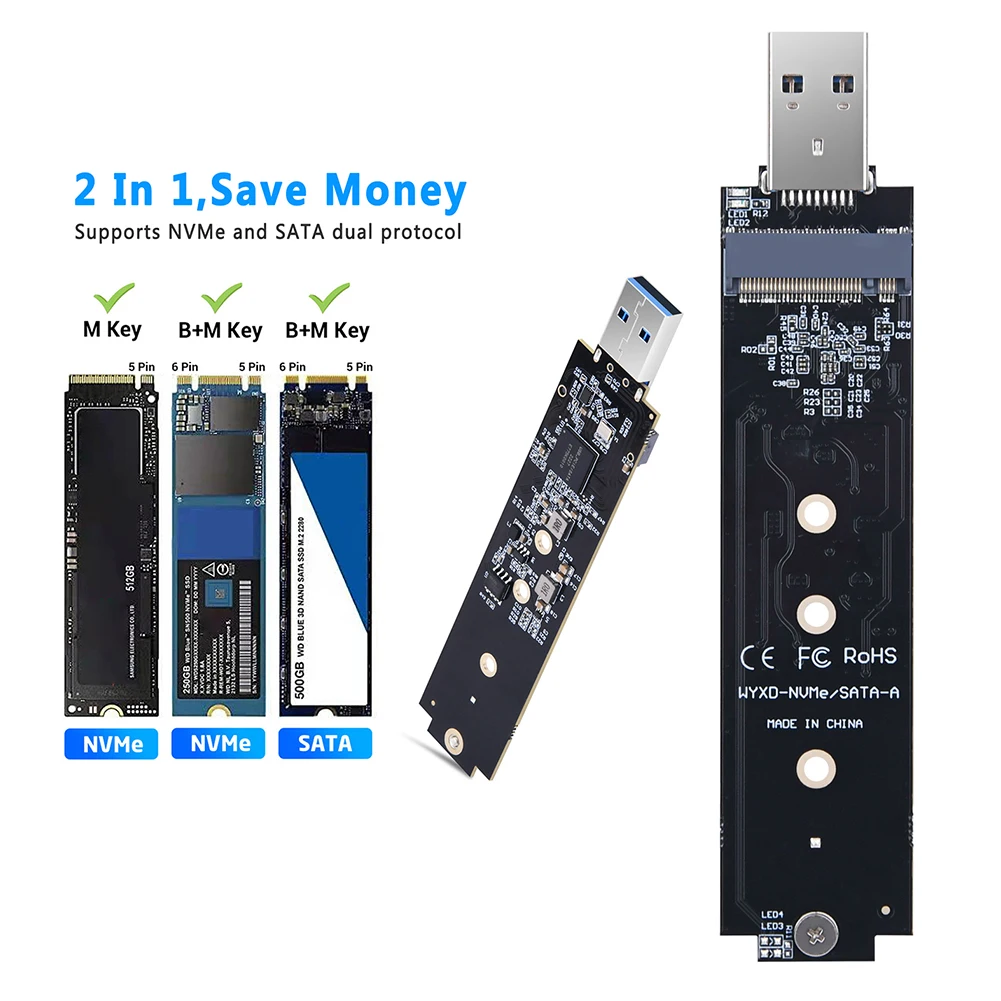 For M.2 2230 2242 2260 2280 SSD M.2 To USB Adapter 10Gbps M-Key M.2 NVME To USB Card Reader Dual Protocol NVMe SATA M2 SSD Board