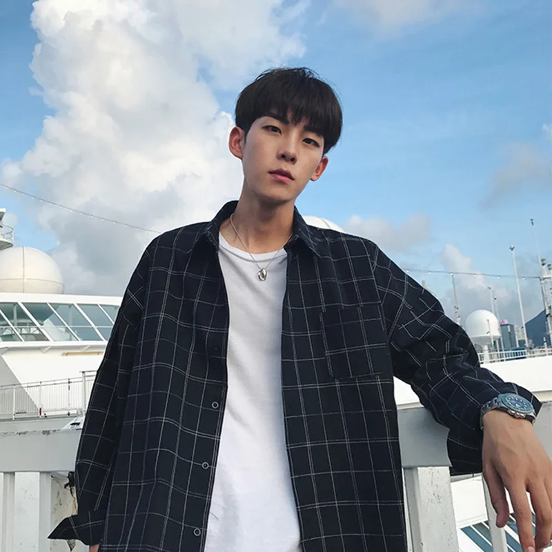 

Hong Kong Style Spring Summer Plaid Shirt Men's Long Sleeve Casual Loose Fit Korean Trendy Button up Simple Outerwear