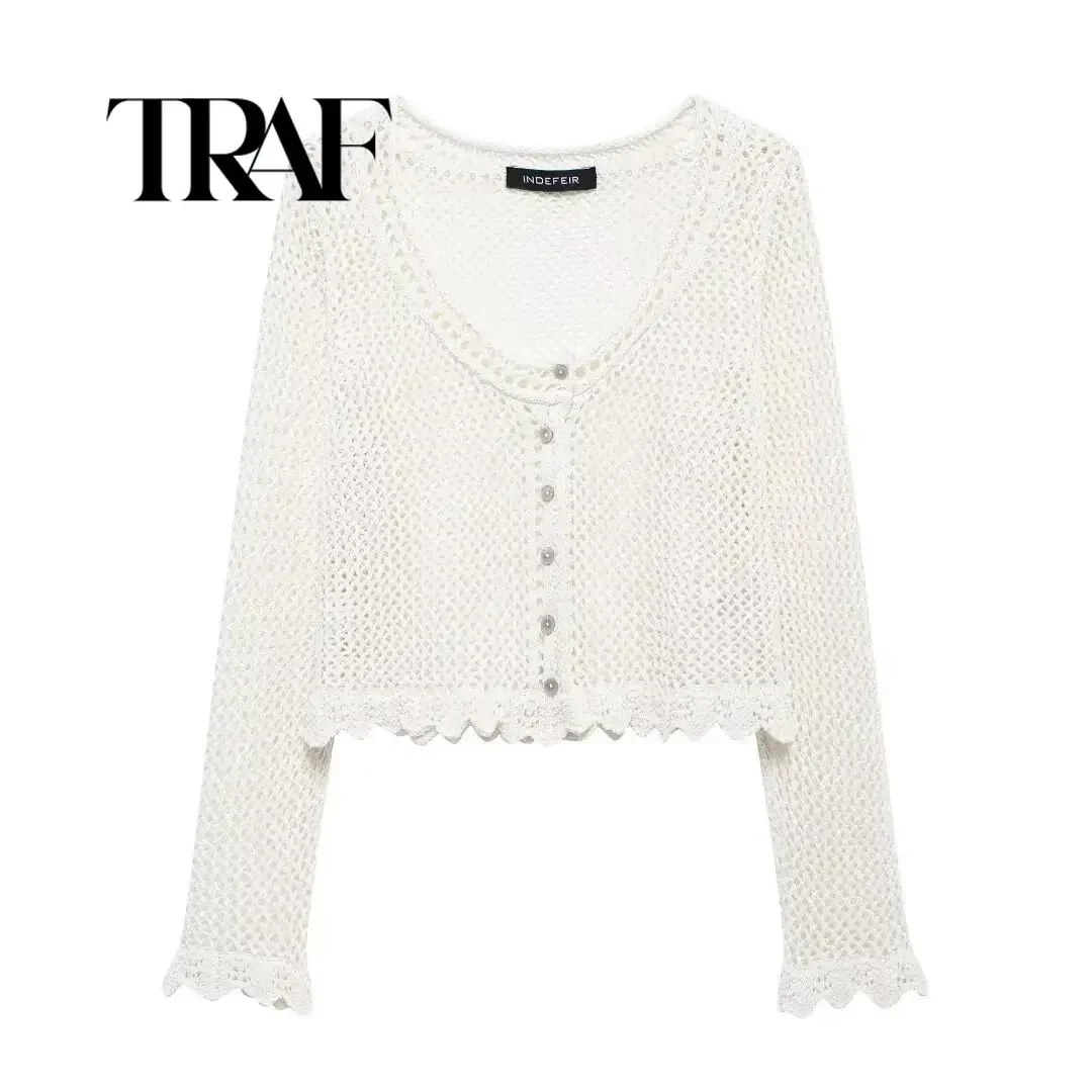 TRAF Knitted Jacket Round Neck Hollow Out Long Sleeved Single Breasted Decoration Short Romantic Style Knitted Top 3991/039