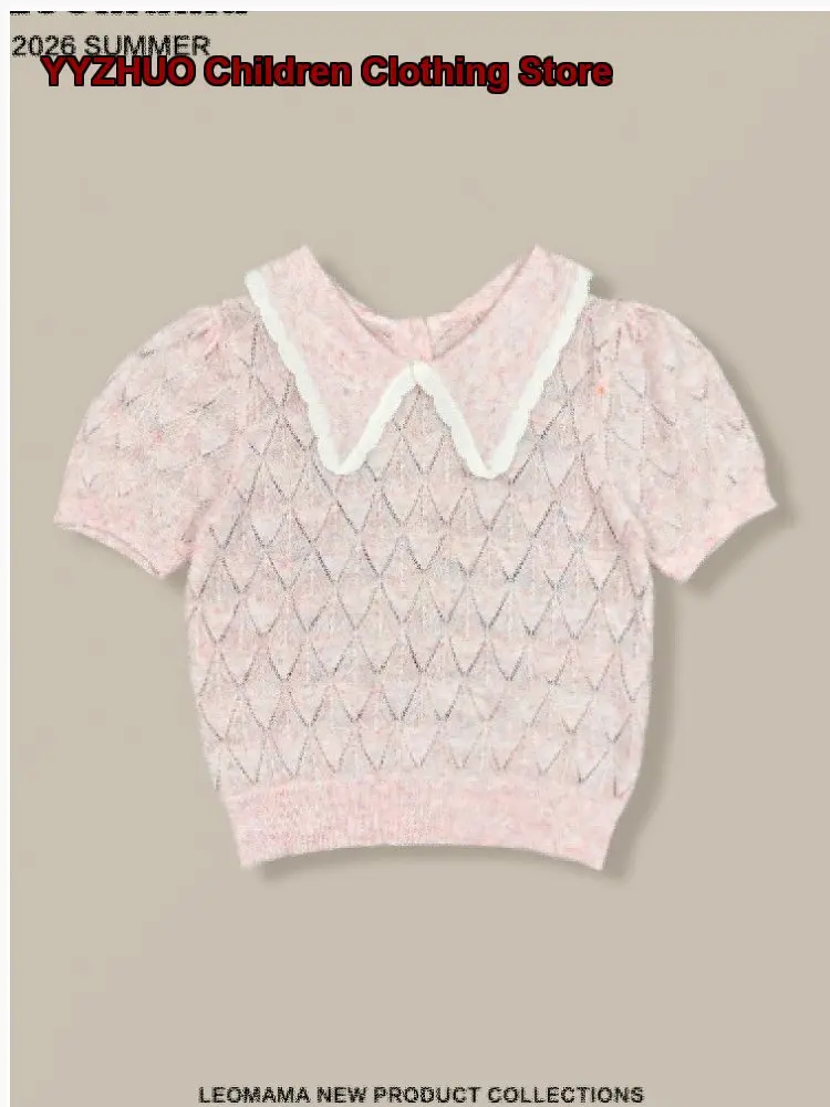 Girls Hollow Out Knit Top Teenagers Summer Short Sleeved Polo Collar Striped Shirt Breathable Short Sleeves Older Kids