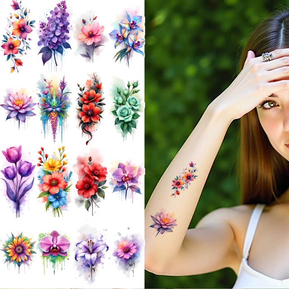 

9pcs Temporary Tattoo Cherry Blossom Temporary Tattoo Stickers Lavender Dahlia Waterproof Long-lasting Body Stickers Lotus For