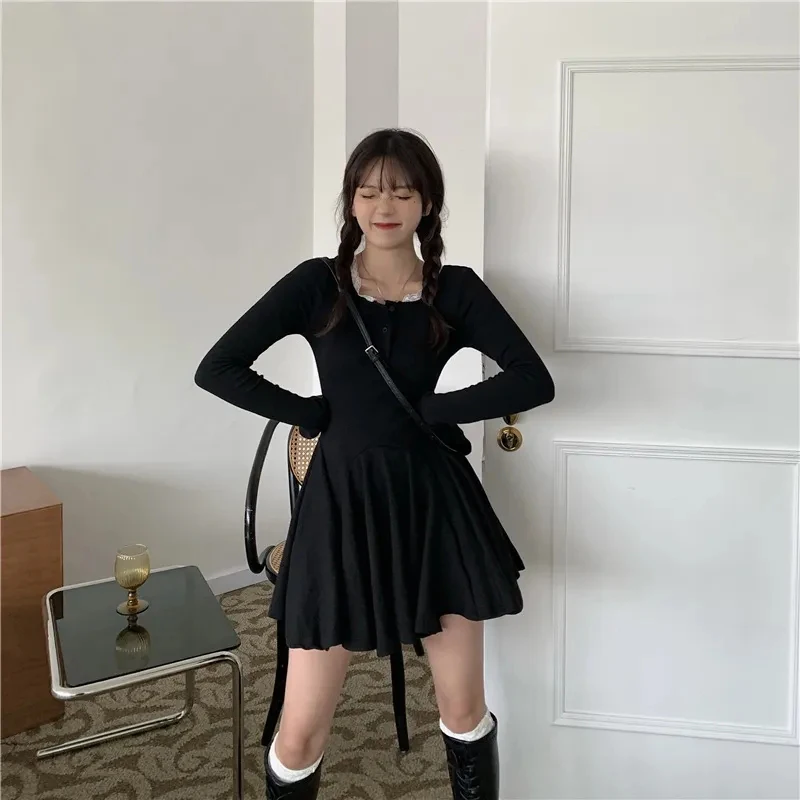 Black Lace Patchwork Dress Women Korean Chic Square Collar Long Sleeve Mini Dress Fall Fashion Preppy All-Match Bottoming Dress