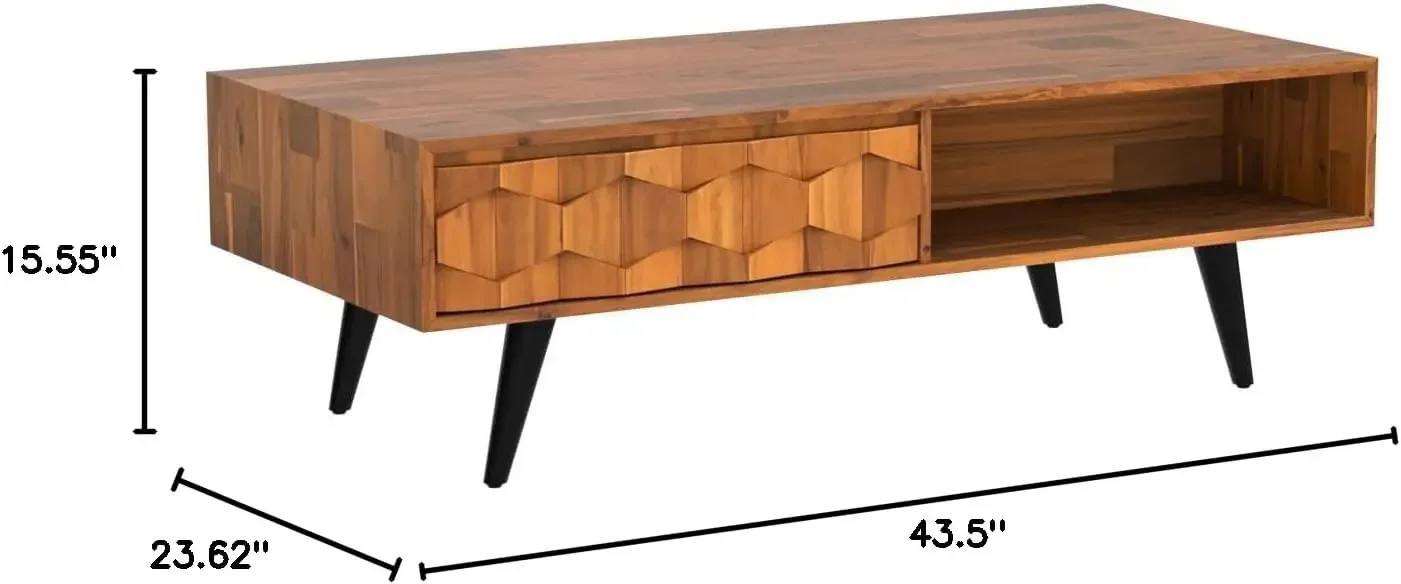 Solid Wood Coffee Tables for Living Room, Coffee Table Mid Century Modern with 2 Symmetrical Storage Drawers & Geometric Details