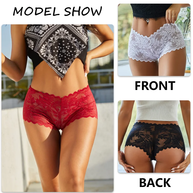 FINETOO 6PCS Women Sexy Lace Boyshort Hollow Out Floral Panties Female Low Waist Transparent Underpants Invisible Lingerie S-XL