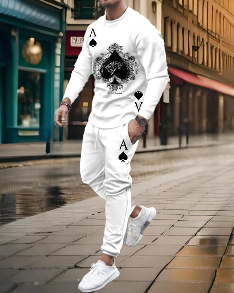 Spring Autumn Men\'s Tracksuit Sets Fashion Long Sleeve Set Black And White Poker 3D Printed Oversized Men Jogging Clothing Suits