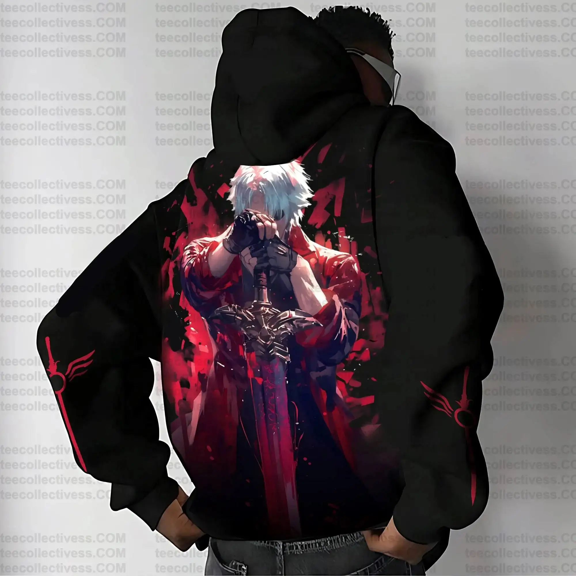 Devil May Cry 5 Hoodie Set Black Cotton Video Game Character Dante with Red Coat and Sword Print Long Sleeve Casual Outfit