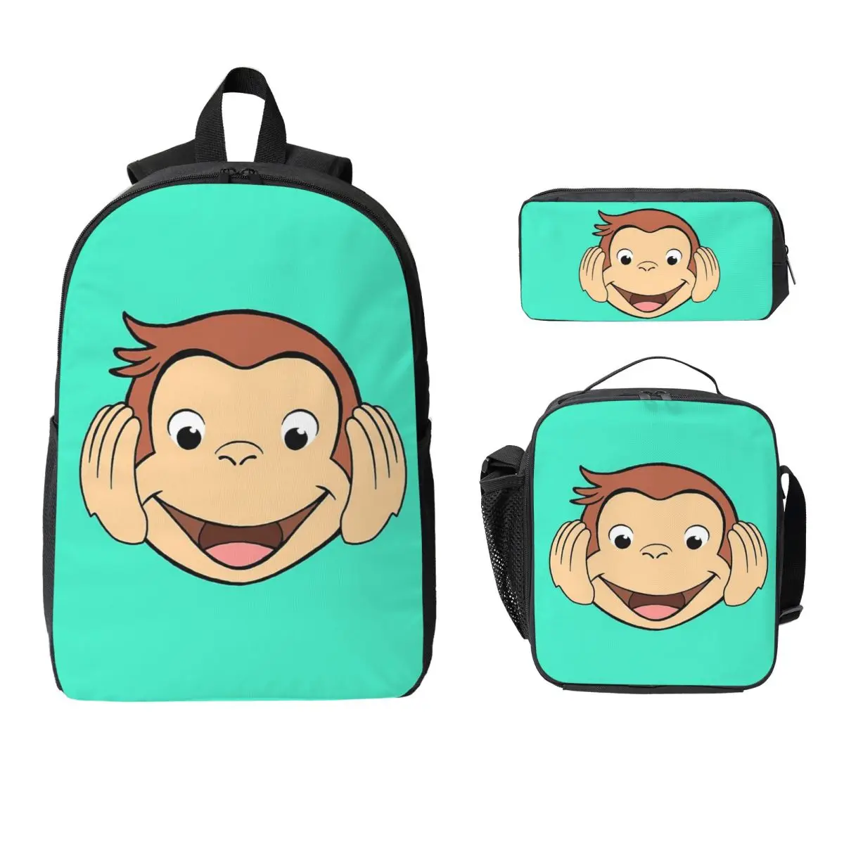 

Curious George Backpack Student Boys Girls BookBag School Bag Laptop Shoulder Bags 3ps Insulated Lunch Bag Pencil Case
