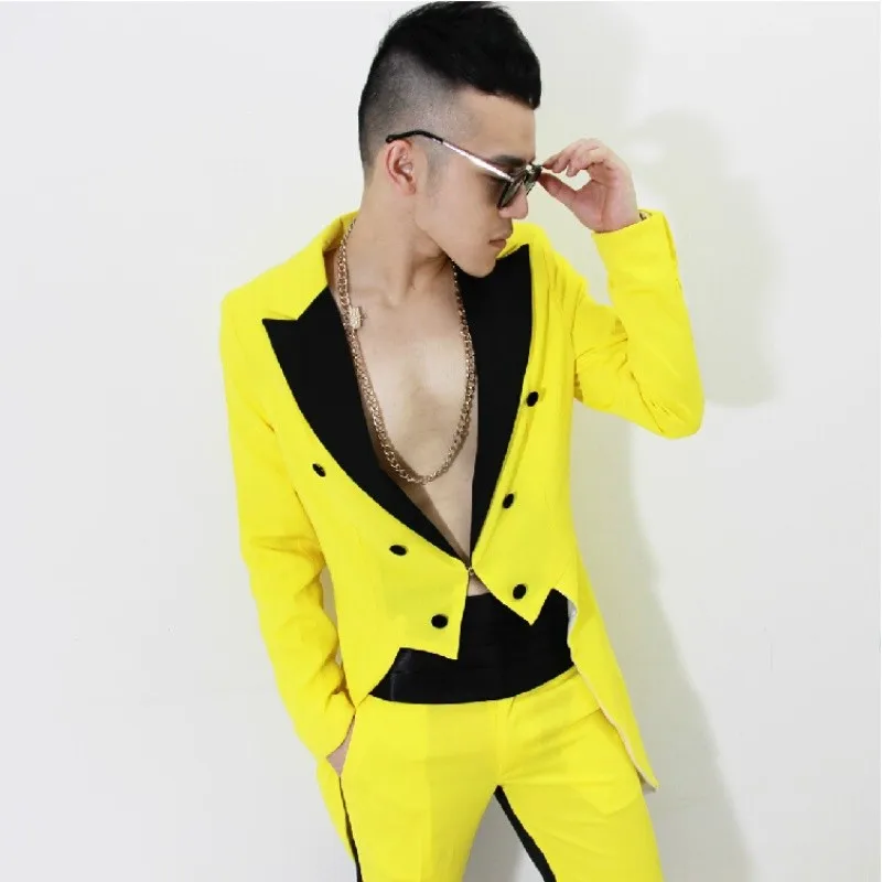 Men Bar Singer Blazers DJ Costumes Court Europe America Retro Men's Slim Jacket Suits Bright Yellow Swallowtail Formal Dress