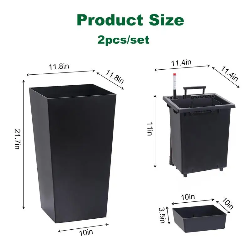 مجموعة زراعة طويلة 22 بوصة مكونة من قطعتين، أوعية سوداء داخلية وخارجية مع فتحات تصريف، مراقبة مستوى المياه، دلو داخلي، أوتوماتيكي