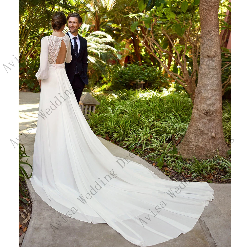 Vestido de novia bohemio de manga larga con cuello en V, vestido de novia de gasa con Espalda descubierta, tren desmontable