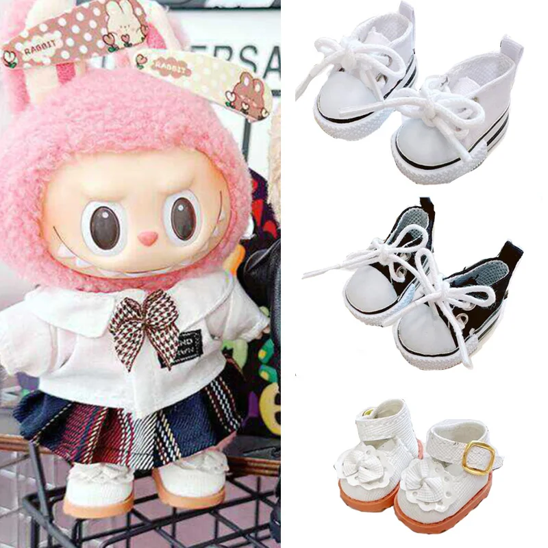 10Cm Cotton Doll Shoes for 17cm Labubu Pink and White Black Princess Small Leather Shoes Plush Toy Accessories Baby Shoes