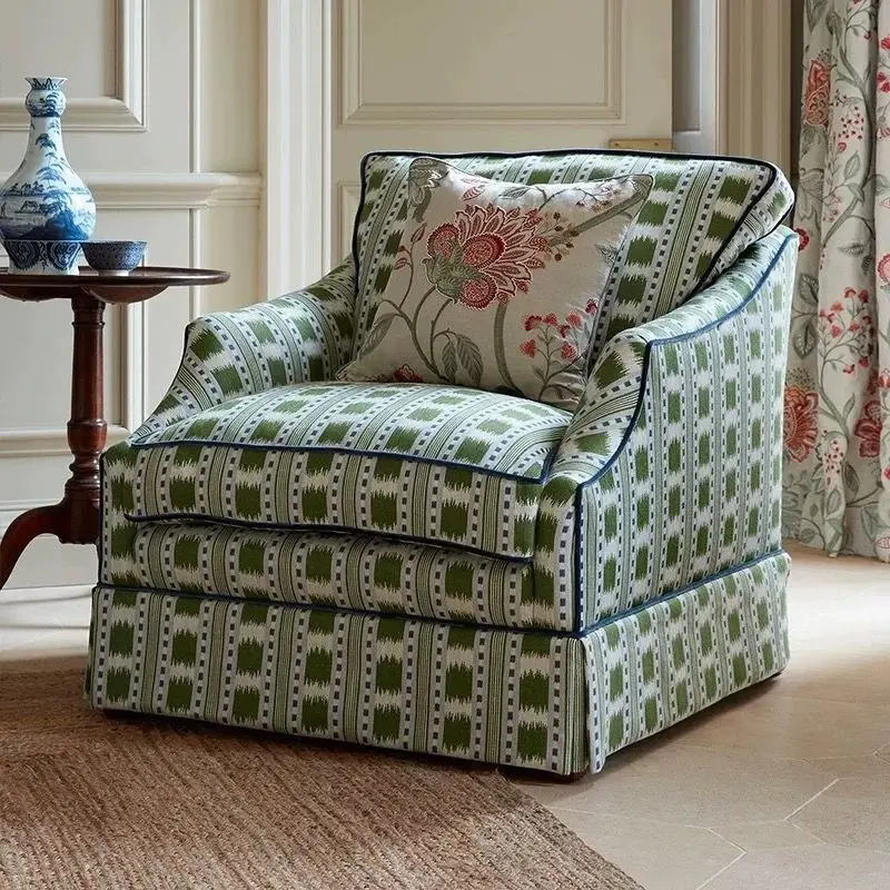 French retro style, fabric sofa, small apartment living room and bedroom, green plaid single leisure chair