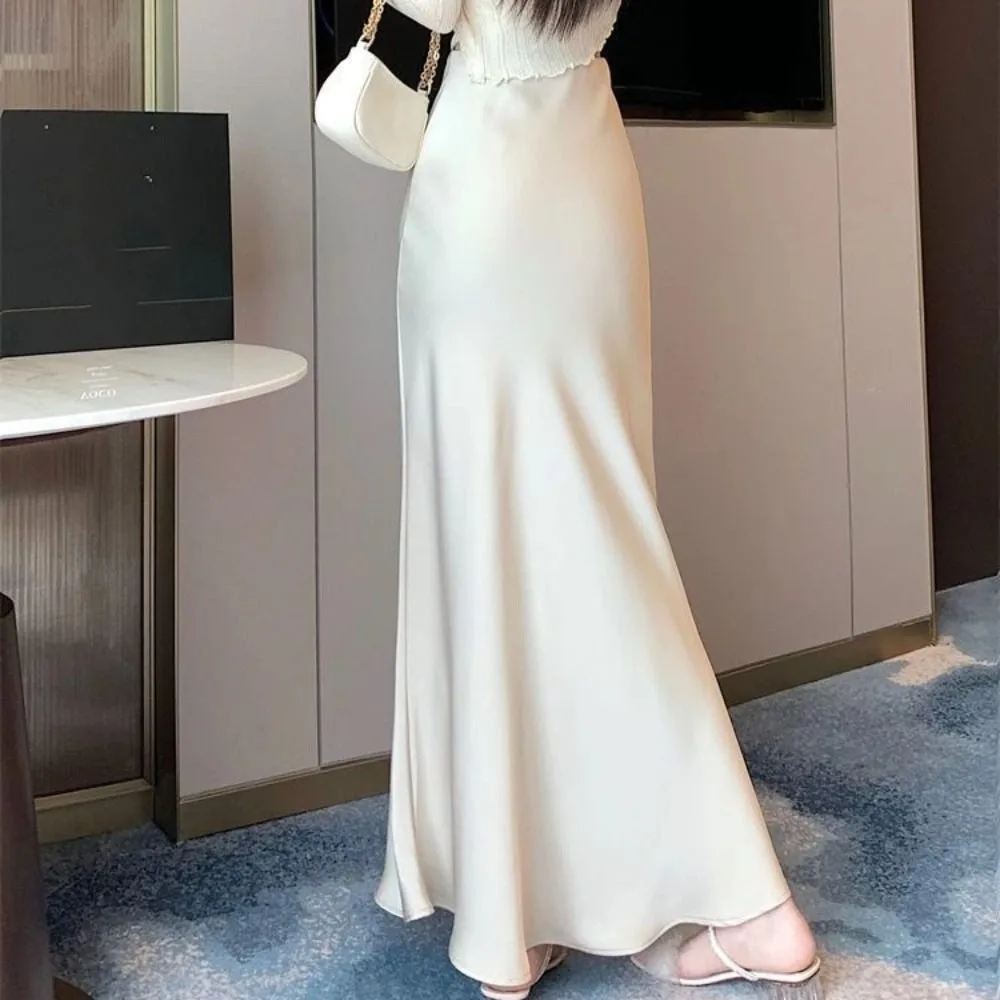 

Simple Summer Satin Silk Long Skirt High Waist Half Body Dress High Waisted Skirts Slim Fit A Line Midi Skirt Spring Summer