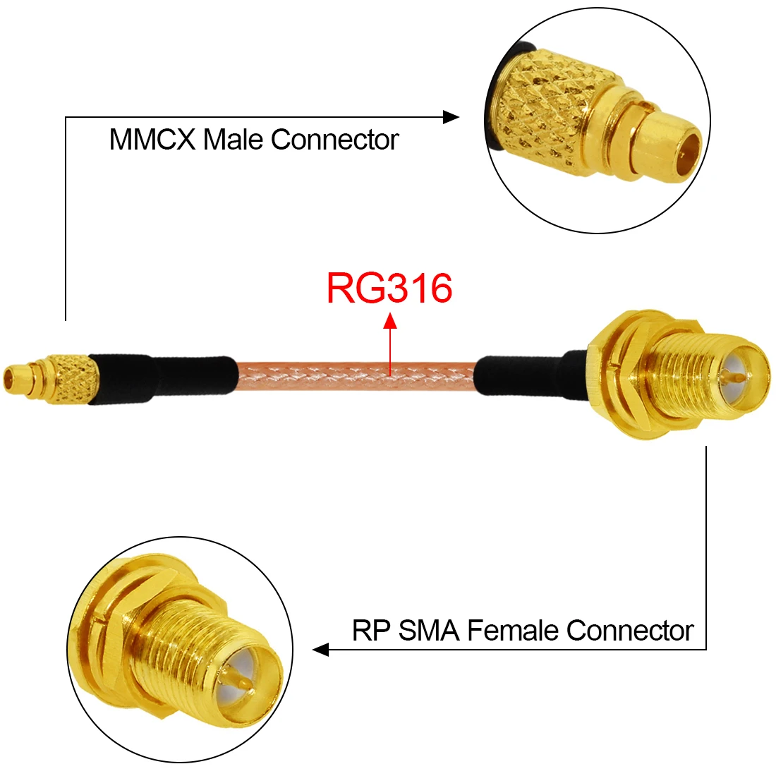 Interruptor de tuerca de gato hembra de RP-SMA, MMCX macho, Cable de cola de cerdo recto RG174 RG316 RG178, venta al por mayor, 15cm, nuevo