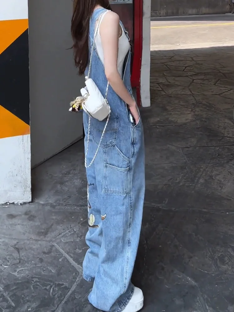 Lockere Denim-Overalls mit hoher Taille, Damen-Design, Cartoon-Druck, bodenlang, entspanntes Gefühl, Jeanshose für lässige Streetwear