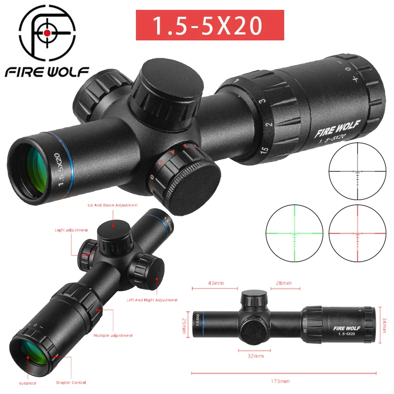 FIRE WOLF 1.5-5X20 HD Rifle Scope Green Red Illuminated Cross Pocket Mirror Sniper Hunting Mirror Tactical Airsoft Optical Sight