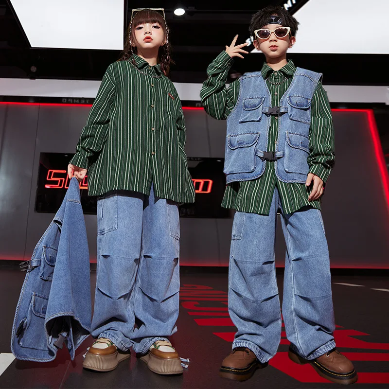 

Kids Stripe Shirt Blue Denim Vest Child Hip Hop Pants Suit Girls Jazz Dancing Outfits Boys Streetwear