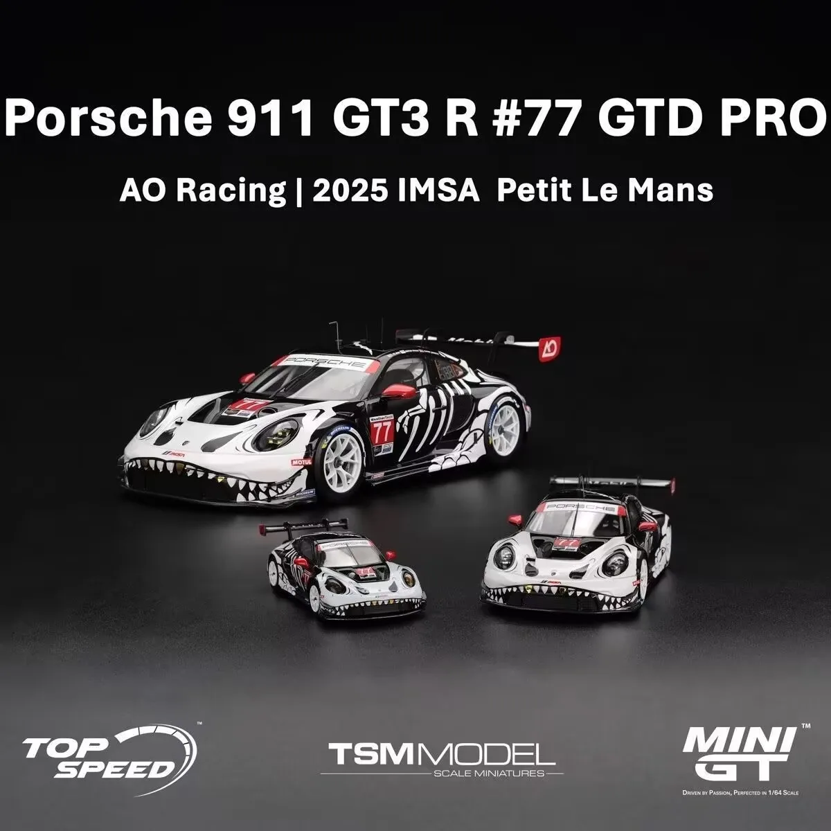 MINIGT 1:64 Porsche 911 GT3 R # 77 Dinosaurio Negro AO Racing 2025 IMSA Petit Le Mans Modelo de Coche de aleación