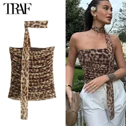 TRAF Leopard Print Crop Top Woman Ruched Tulle Corset Top Women off Shoulder Halter Top Female Sexy Backless Tube Tops for Women