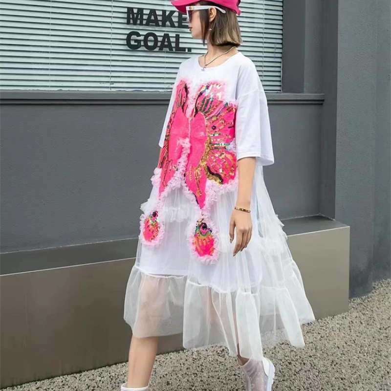 Summer Brilliant Flowers Embroidery Beaded Splice Mesh T-shirts Dress Women Sequined Gauze Stitching Ruffles Tees Dress Vestidos