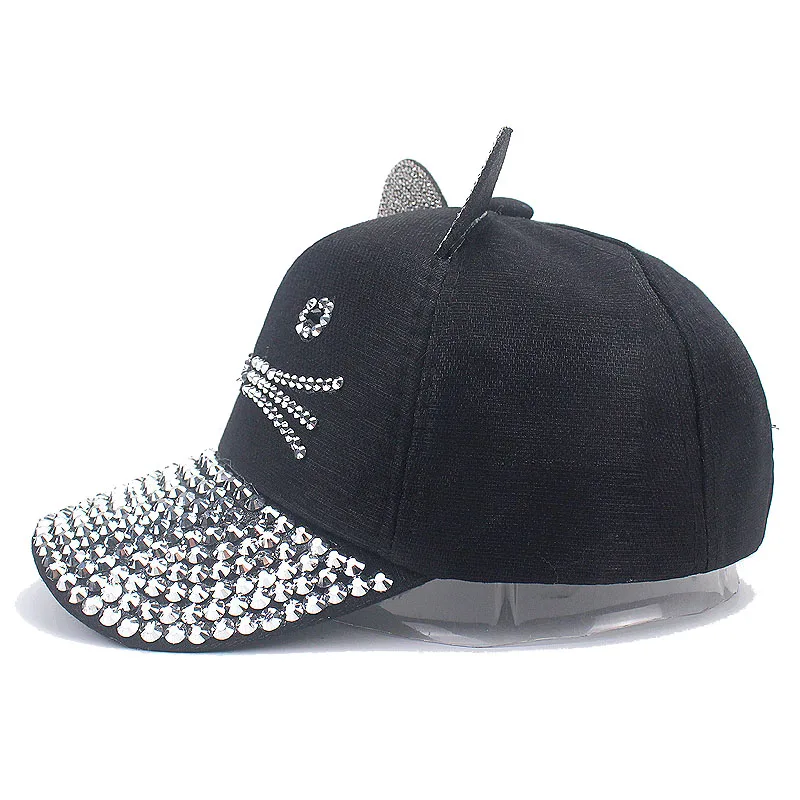 Children Girls Diamond Inlay Cap Simple Plain Baseball Cap Female Adjustable Casual Outdoor Streetwear Fashion Cat Hat