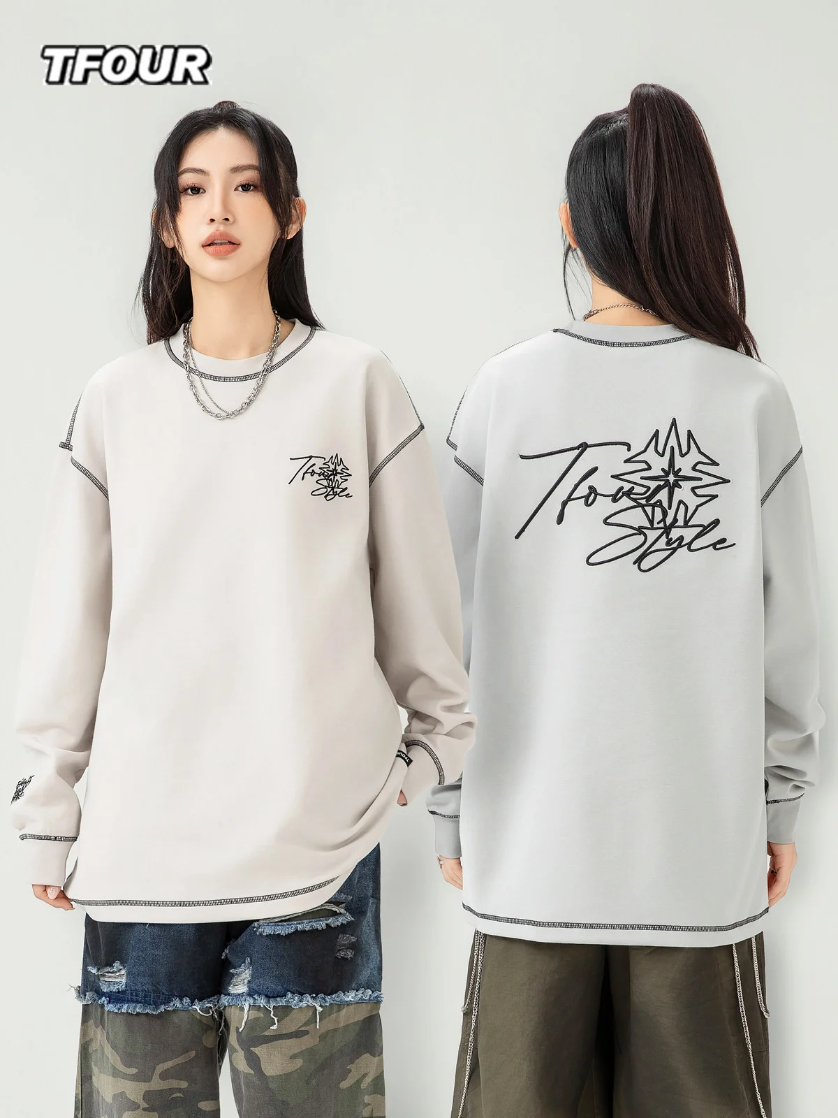 

Футболка унисекс Tfour Eight-Pointed Star 2026: Новая весенняя коллекция, свитшот с круглым вырезом, длинный рукав, свободный крой, модный брендовый топ