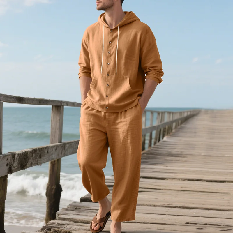 Conjunto de 2 piezas de verano para hombre: camisa de lino con capucha y manga larga y pantalones largos, traje informal transpirable de mezcla de lino para hombre