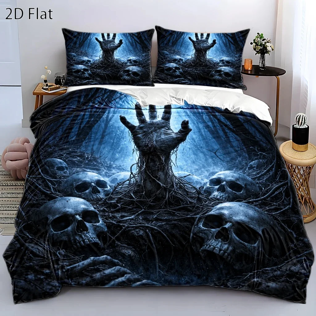 Ensemble de housse de couette à thème crâne zombie d'horreur, 3 pièces (1 housse de couette + 2 taies d'oreiller), adapté à toutes les saisons, lavable en machine, fermeture éclair invisible, grand ensemble de housse de couette pour lit double, adapté pour la maison, le dortoir, la chambre principale, la chambre d'invités, literie décorative d'horreur de style sombre, ensemble de literie pour chambre à coucher, style gothique rétro, ensemble de literie durable et doux pour la peau, Nuvia Home a Nuvi