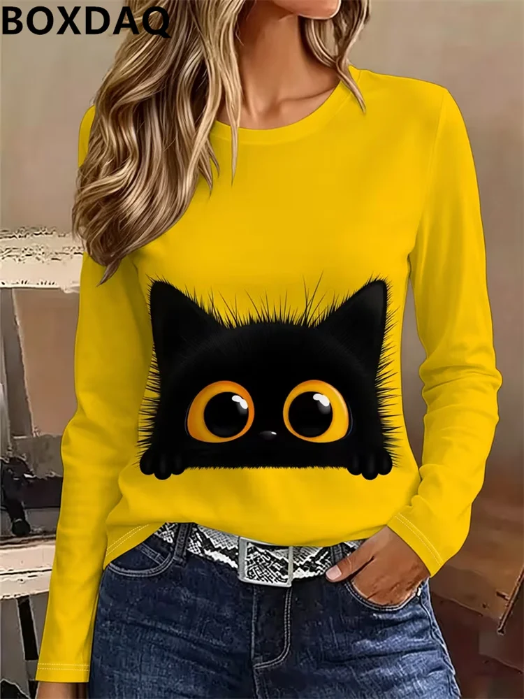 New Women's T-Shirts Casual Cute Cartoon Cat Animals Print Long Sleeved Round Neck Loose Fitting Pullover Women's T-Shirt 2026